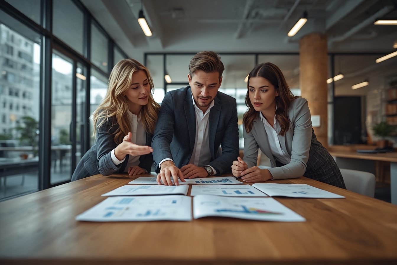 A trio of professionals, including a woman in her 50s, a man in his 20s, and another woman in her 40s, stand around a large, wooden table in a bright, modern office, engaged in a discussion as they…