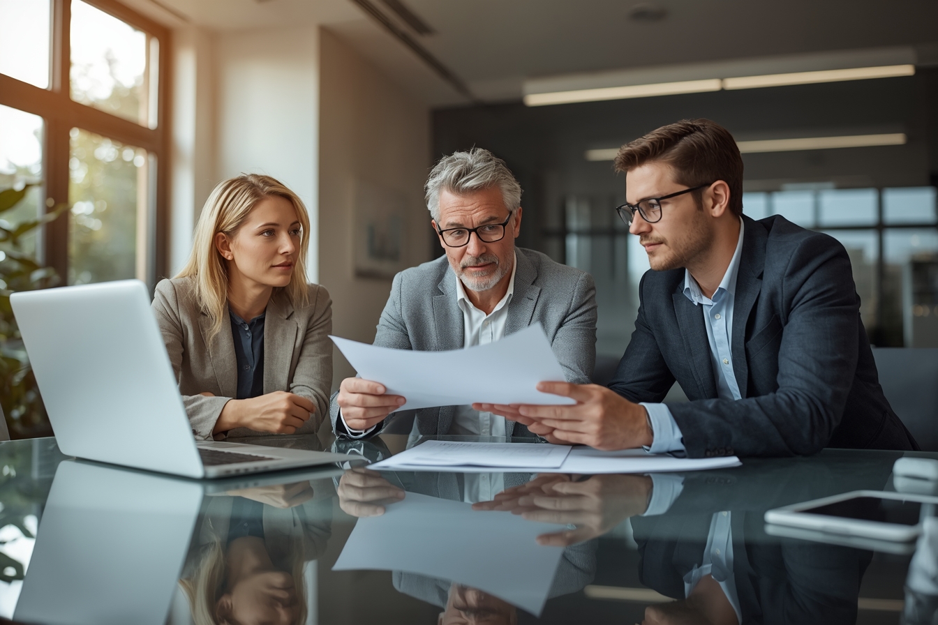 A trio of financial professionals, including a woman in her 50s, a man in his 40s, and a younger man in his 20s, gather around a large, glass-topped table in a sunlit office, engaged in a discussion…
