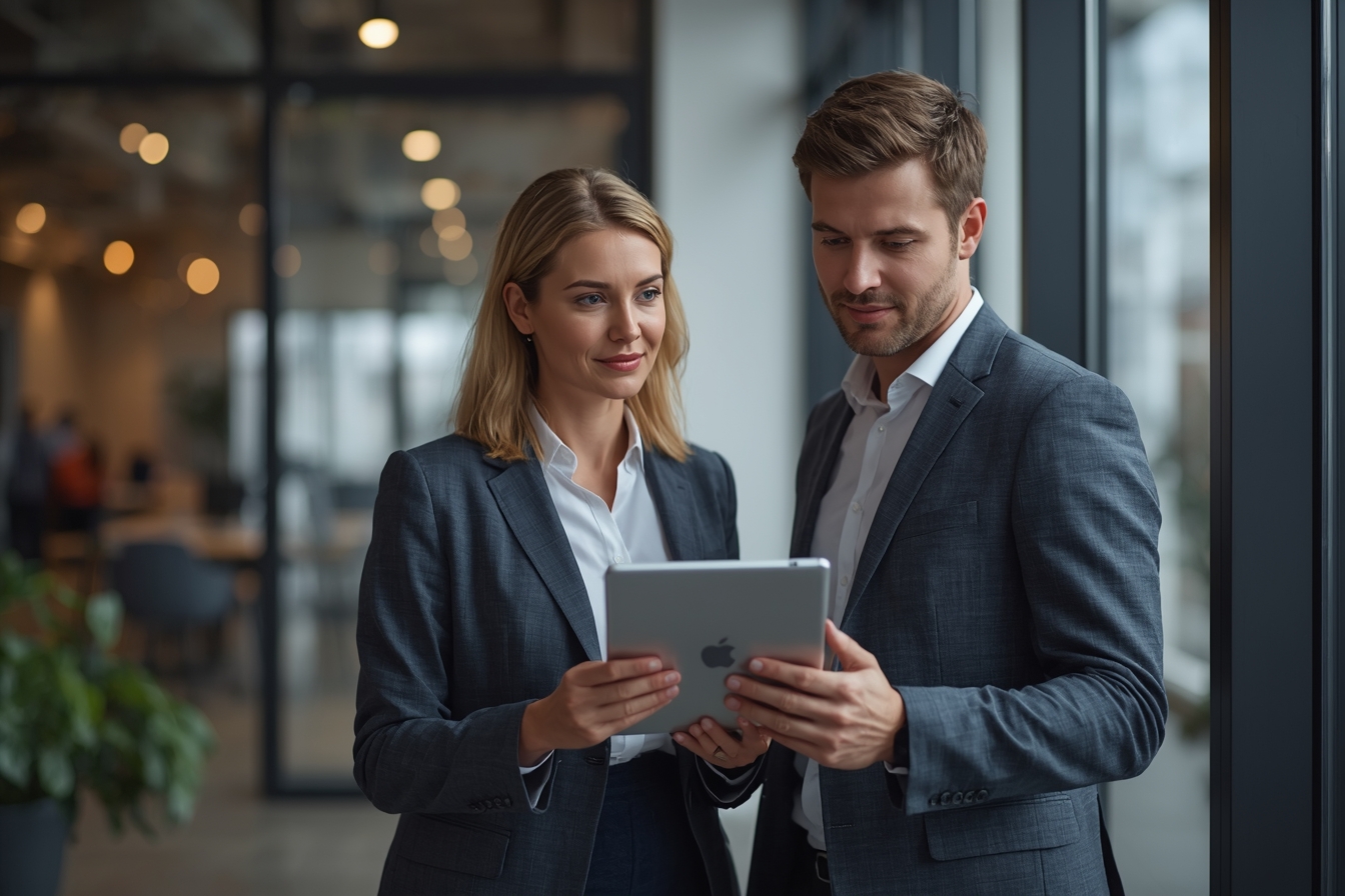 Two bankers, a woman in her 50s and a man in his 30s, stand near a floor-to-ceiling window in a bright, modern office, engaged in a conversation as they review a document together, with a tablet held…