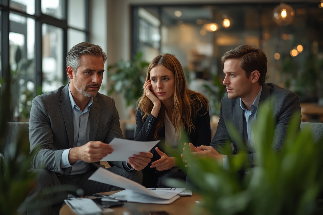 A middle-aged banker and a young couple sit in a cozy, naturally lit bank branch meeting area, surrounded by potted plants and modern decor, as they review paperwork and discuss financial plans, the…