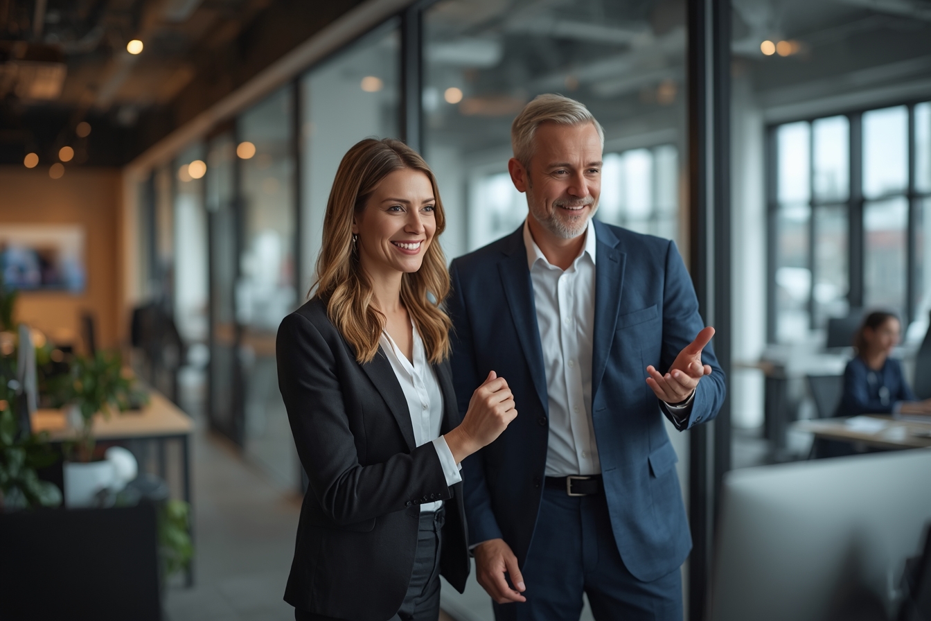 A banker in her 40s stands at a modern, ergonomic desk in a bright office, looking at a laptop screen with a warm smile as she explains something to a colleague, a man in his 50s, who stands beside…