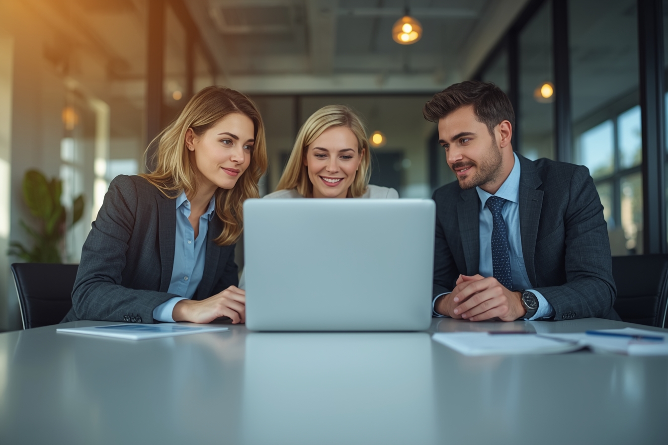 A small group of three bankers, including a woman in her 30s and two men in their 20s and 40s, gather around a laptop on a sleek, modern conference table in a bright, naturally lit office, their…