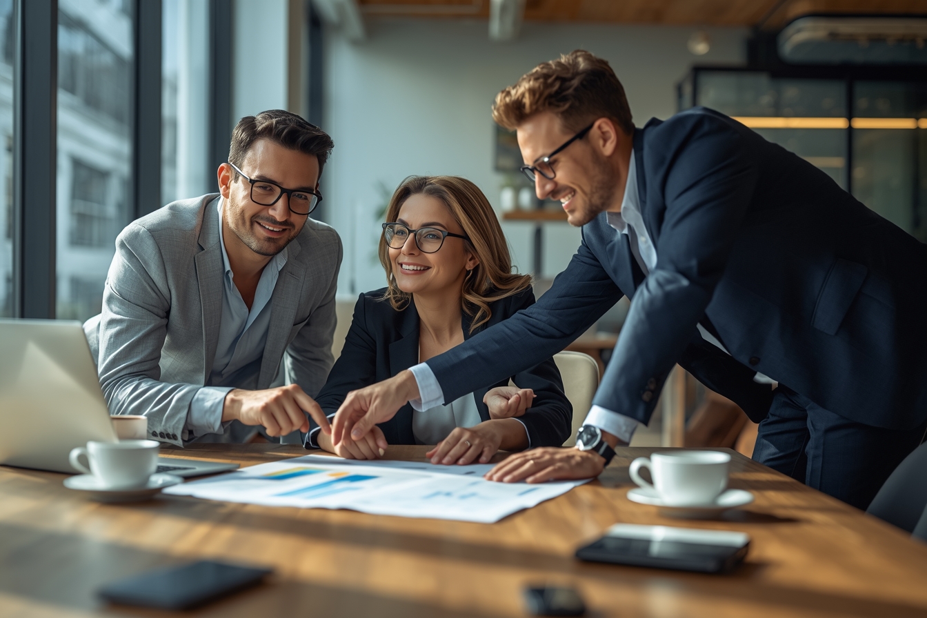 A trio of colleagues, two men in their 30s and a woman in her 40s, gather around a large, wooden table in a bright, modern office, leaning in as they discuss and point to a spreadsheet laid out…