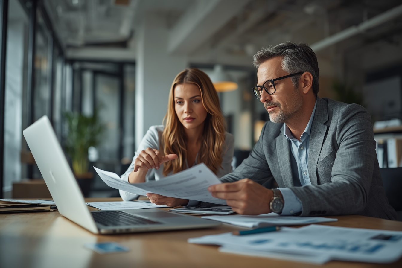 A pair of bankers, a woman in her 30s and a man in his 50s, sit at a sleek, modern desk, intently reviewing a stack of papers together, with a laptop open in the background, its screen angled away…