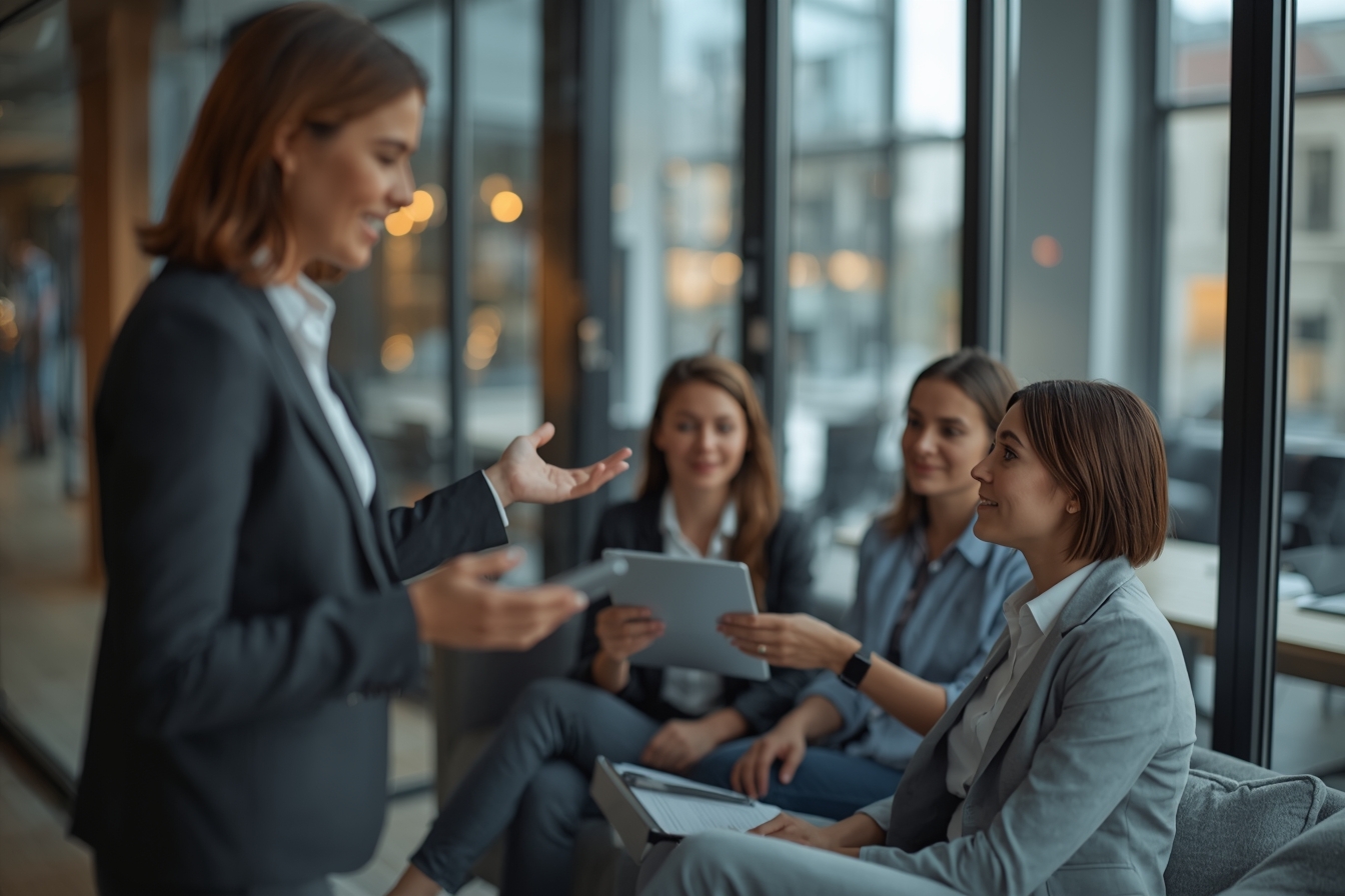 A woman in her 40s, a training manager, stands near a glass wall in a bright, naturally lit office, gesturing as she explains a concept to a small group of three colleagues, including two men in…