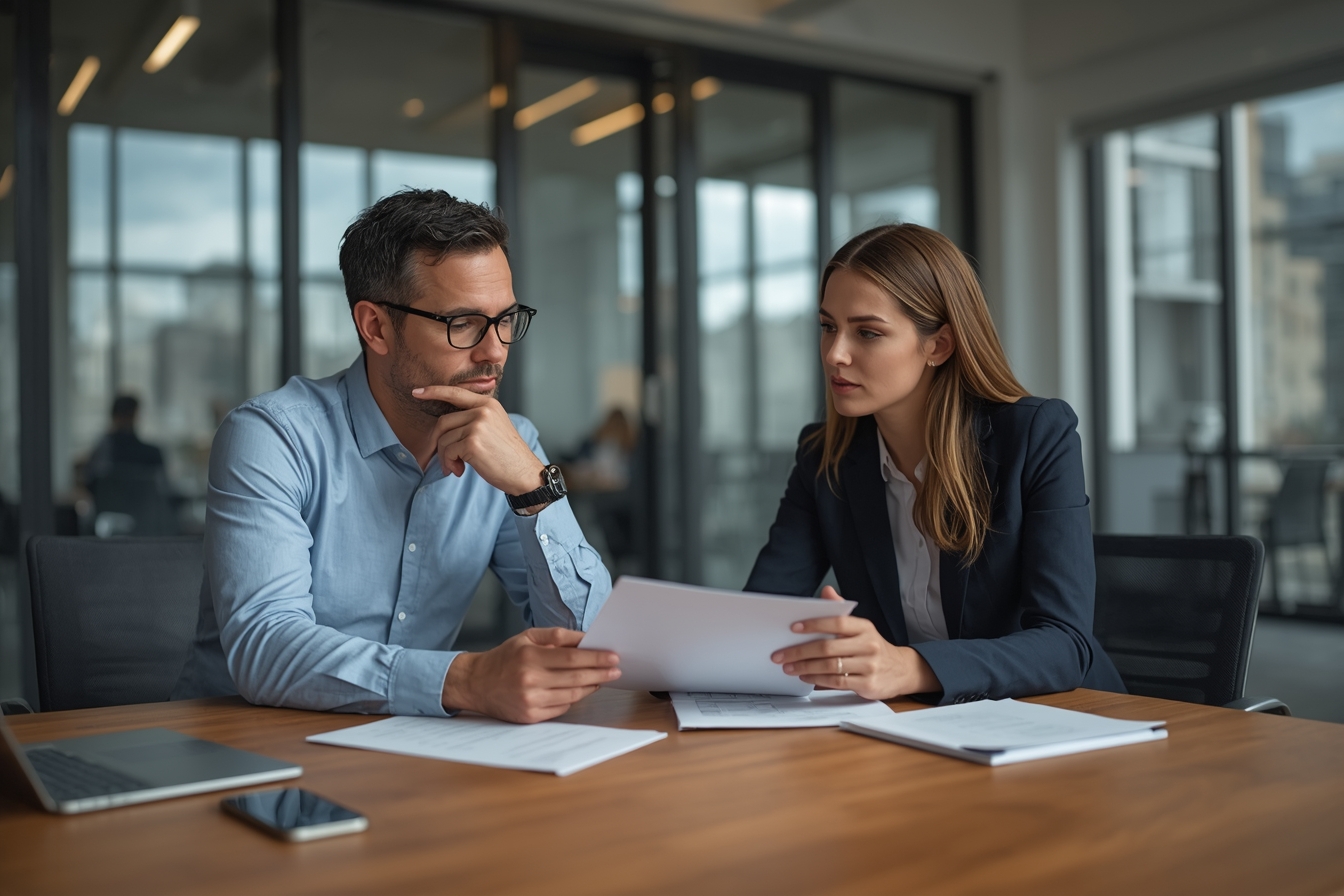 A man in his 40s, a chief information security officer, and a woman in her 30s, an AI solutions architect, sit together at a sleek, wooden conference table in a modern, glass-walled meeting room…