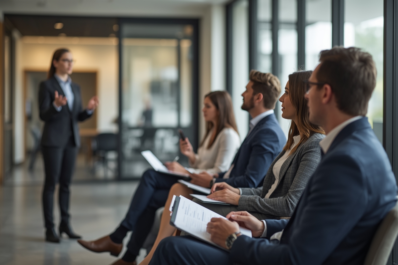 A group of four bank employees, including two women in their 20s and 30s and two men in their 30s and 40s, sit in a bright, modern training room with a large window, engaged in a discussion as they…