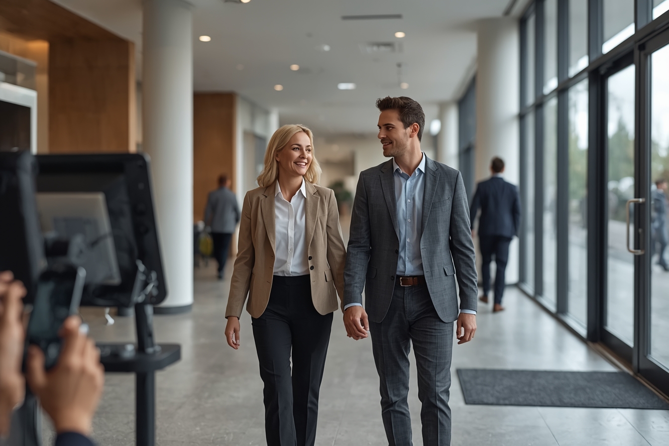 A middle-aged bank manager, a woman in her 50s, walks alongside a younger customer, a man in his 20s, through a bright and airy bank lobby, engaged in a conversation as they approach a sleek, modern…