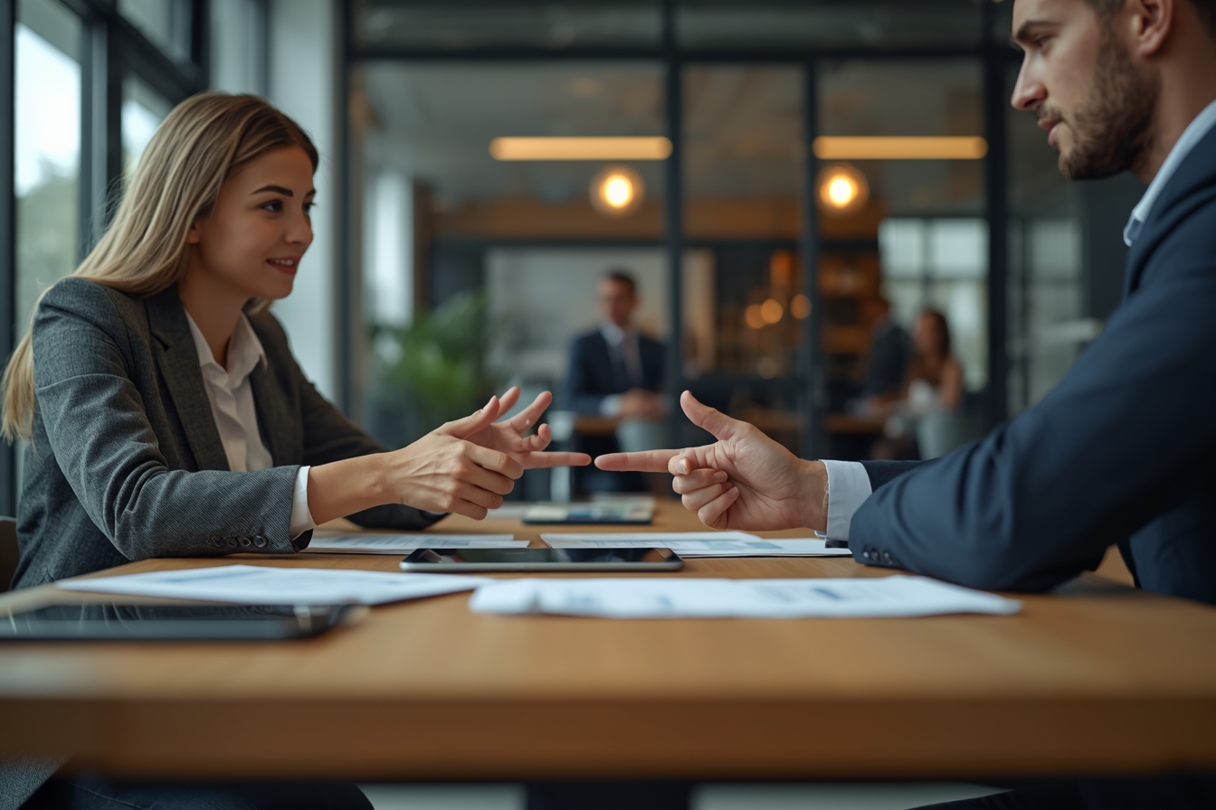 A young woman in her 20s, a bank customer, sits across from a banker, a man in his 40s, at a modern, low-profile desk in a brightly lit bank branch, engaged in a conversation as they both gesture…