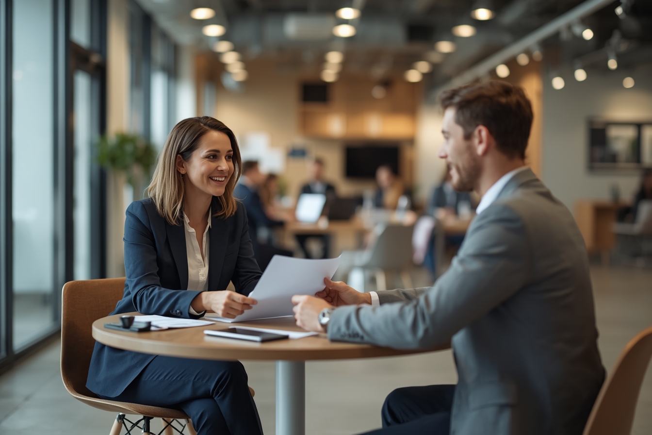 A middle-aged bank manager, a woman in her late 40s, sits across from a Google Cloud representative, a man in his 30s, at a small, round table in a bright, modern bank branch, both intently reviewing…