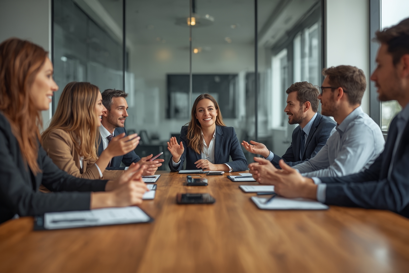 A diverse group of five finance professionals, including two women and three men of various ages, sit in a curved row at a modern conference table in a brightly lit meeting room, engaged in a lively…