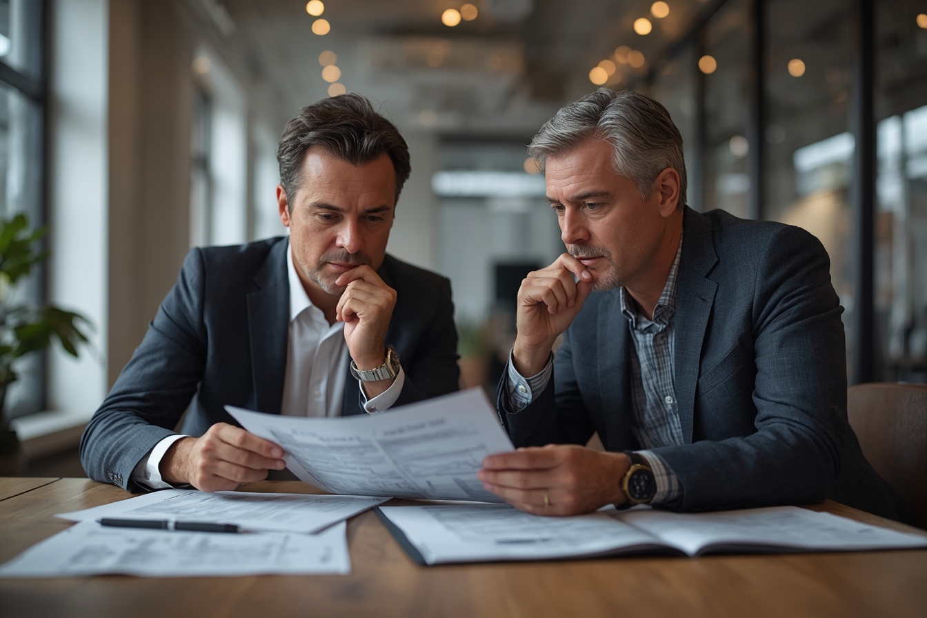 A pair of executives, a man in his 50s and a woman in her 30s, sit across from each other at a sleek, modern desk in a bright, naturally lit office, intently reviewing a stack of papers together…