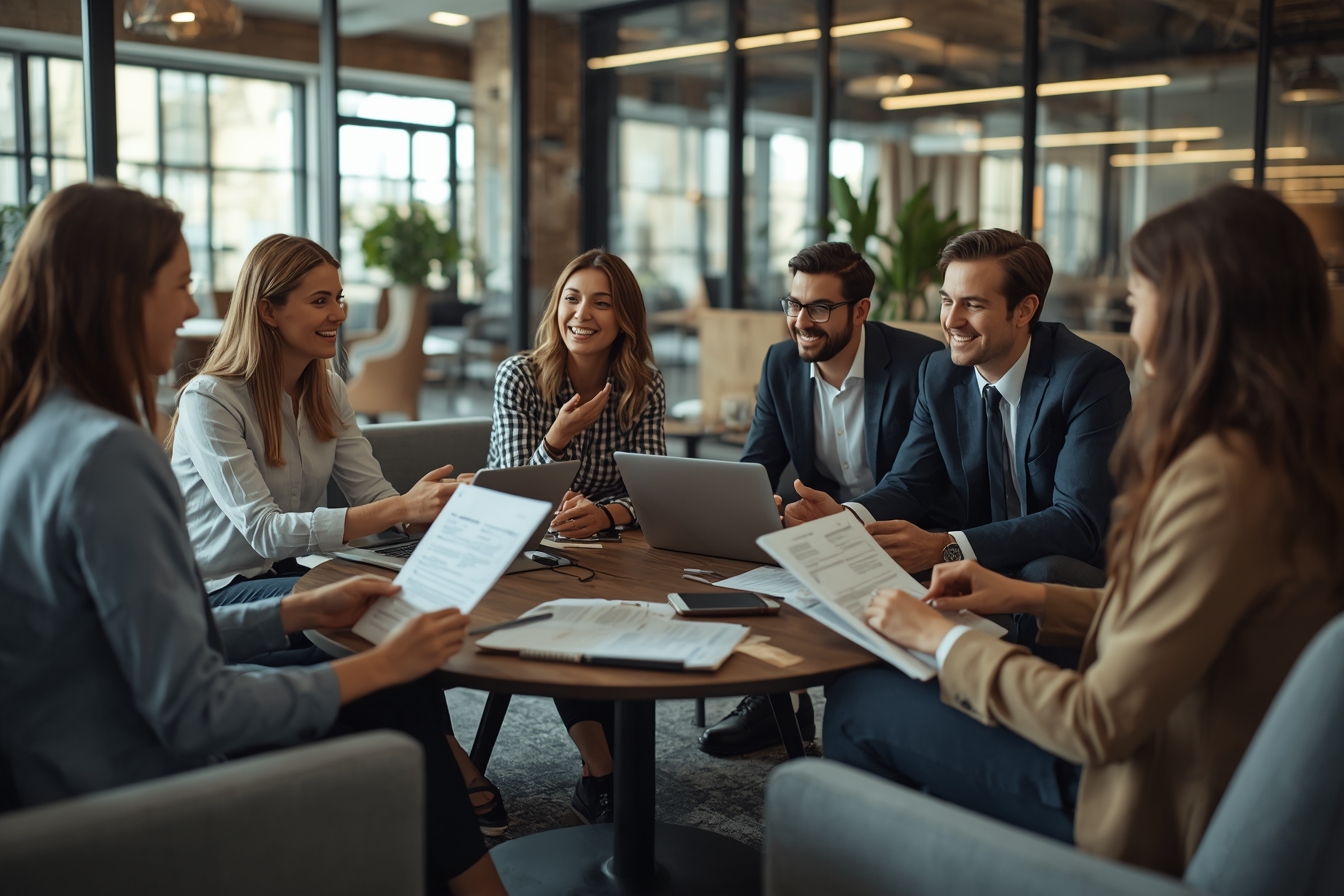 A small group of five financial professionals, including three women and two men of diverse ages, sit in a semi-circle around a low, modern coffee table in a bright, naturally lit office lounge…