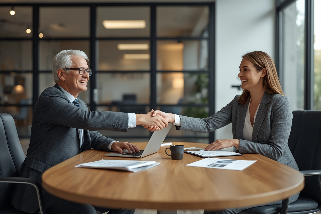 A man in his 50s, a banking executive, and a woman in her 30s, an Identifee representative, sit together at a small, oval-shaped table in a bright, modern office, warmly shaking hands as they…