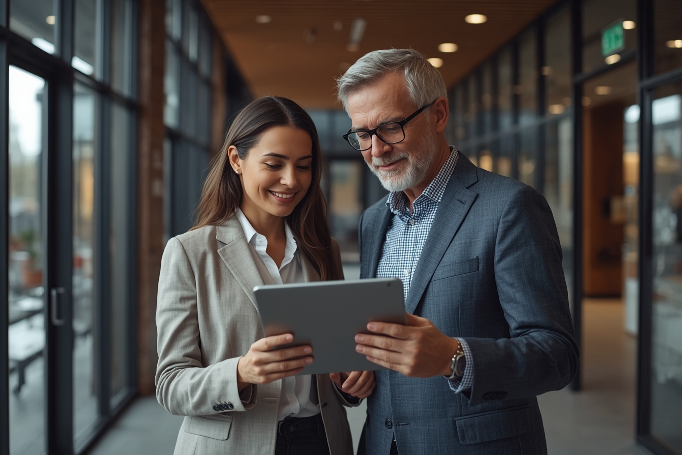 A woman in her 20s, an Identifee team member, and a man in his 60s, a seasoned banker, stand together in a modern office lobby, looking at a tablet held by the woman, its screen angled away from the…