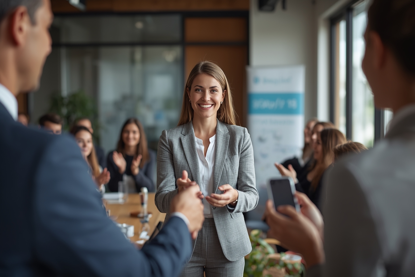 A woman in her 30s, an Identifee executive, stands at a modern podium in a bright, naturally lit conference room, smiling as she accepts a award from a man in his 50s, a representative from…