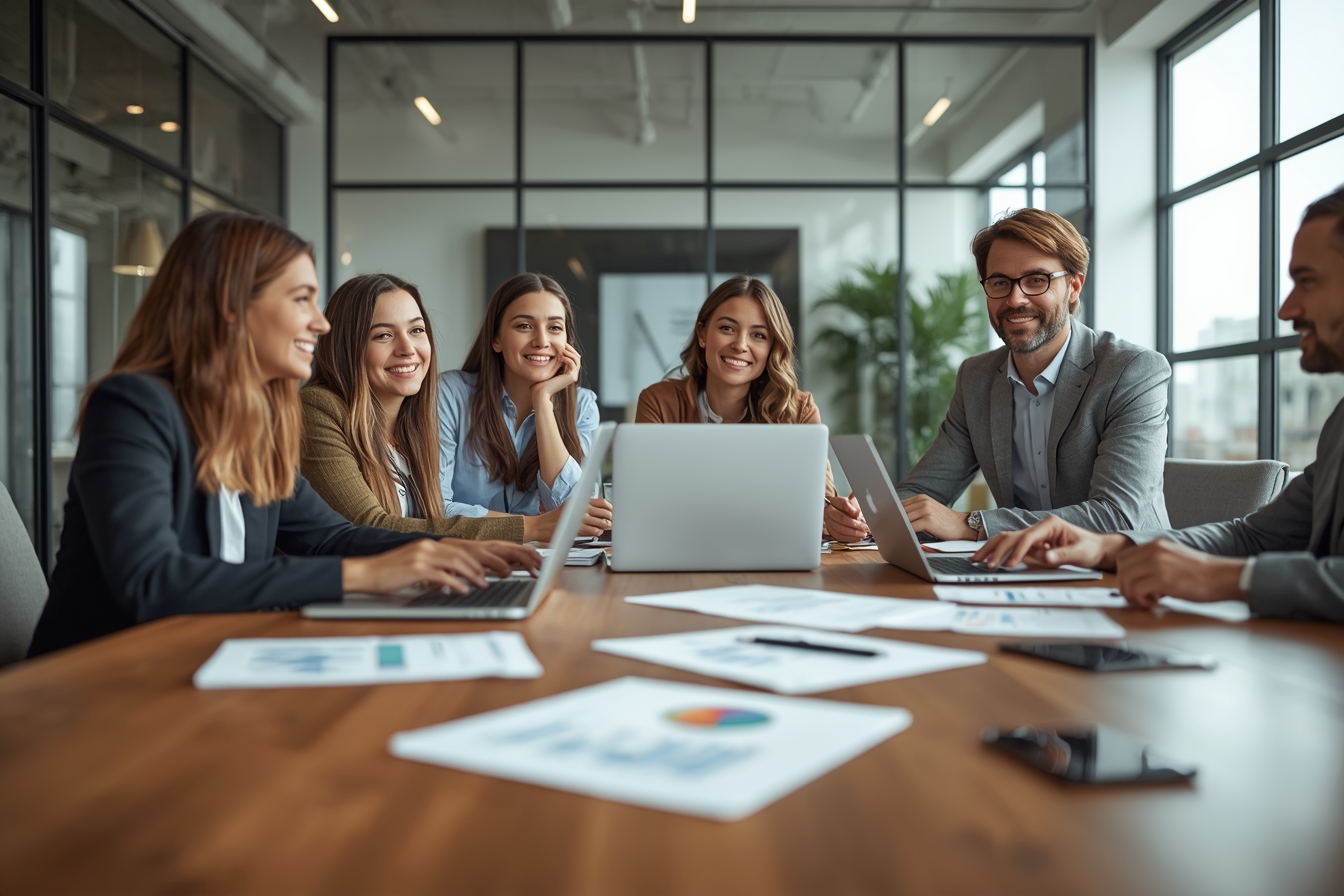 A group of four Identifee team members, including two women in their 20s and 30s and two men in their 30s and 40s, gather around a large, wooden conference table in a bright, modern office, engaged…