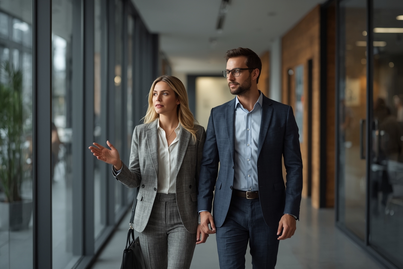 Two executives, a woman in her 50s and a man in his 40s, walk side by side through a modern office lobby with a large window, engaged in a conversation as they approach a staircase, with the woman…