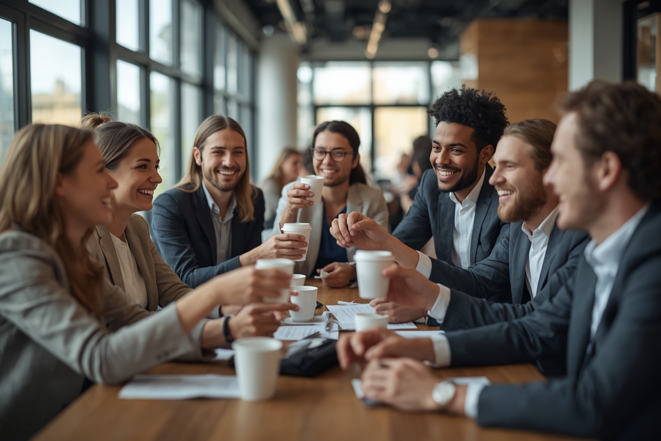 A diverse group of five conference attendees, including two women and three men of varying ages, gather around a high table in a bustling networking lounge with large windows and a city view…