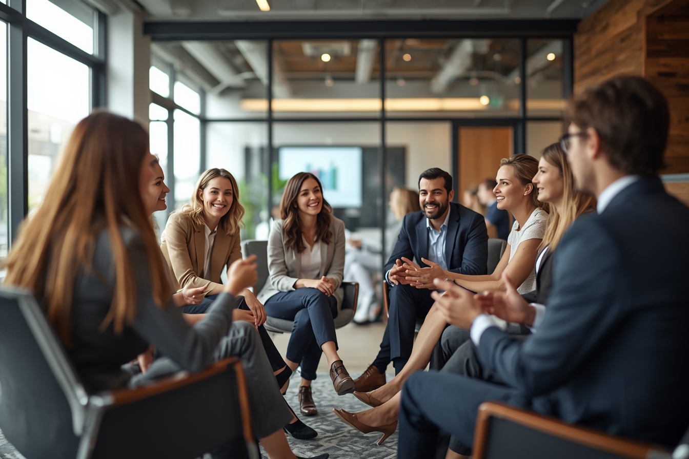 A group of six industry leaders, including three women and three men of varying ages, sit in a semi-circle of chairs in a naturally lit, modern conference room, engaged in a lively discussion with…