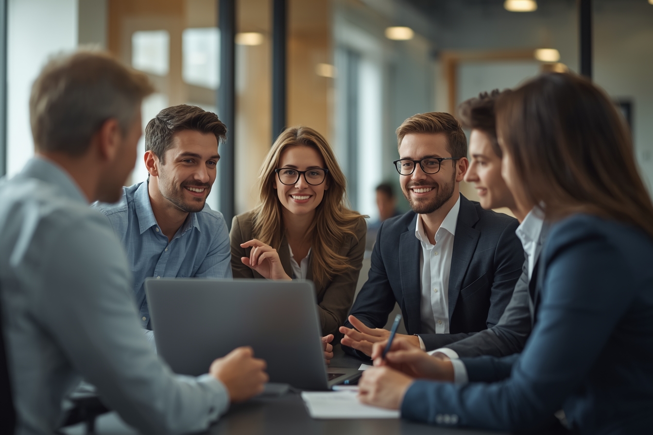 A group of four bankers, ranging in age from their 20s to 50s, sit in a semi-circle around a laptop in a modern, naturally lit office breakout room, engaged in a discussion as one of them gestures to…