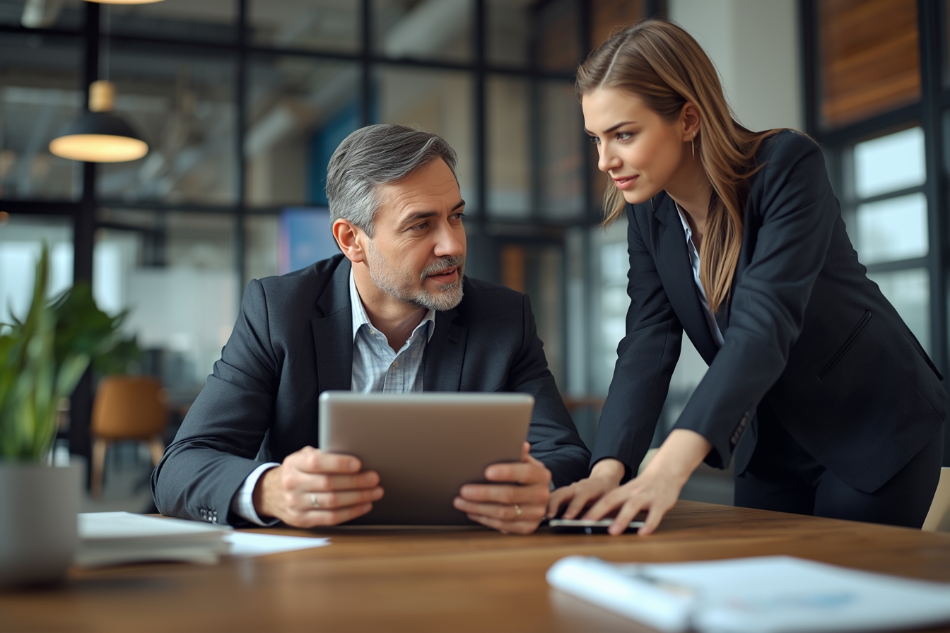 A man in his 40s, a sales enablement manager, sits at a desk in a bright, naturally lit office, intently discussing sales strategies with a younger woman in her 20s, a sales trainer, who is standing…