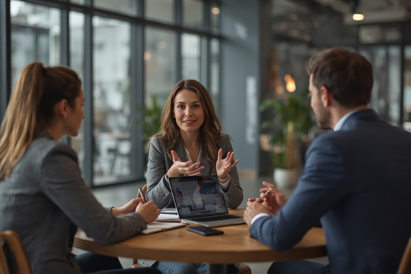 A woman in her 40s, a treasury manager, sits across from a man in his 30s, a commercial banking specialist, at a small, round table in a modern bank branch, both looking at a laptop screen angled…