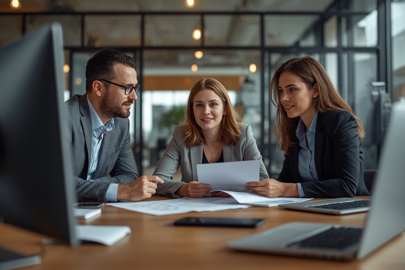 A group of three employees, including a man in his 30s, a woman in her 40s, and a younger woman in her 20s, sit together at a modern, rectangular table in a bright office, surrounded by large…