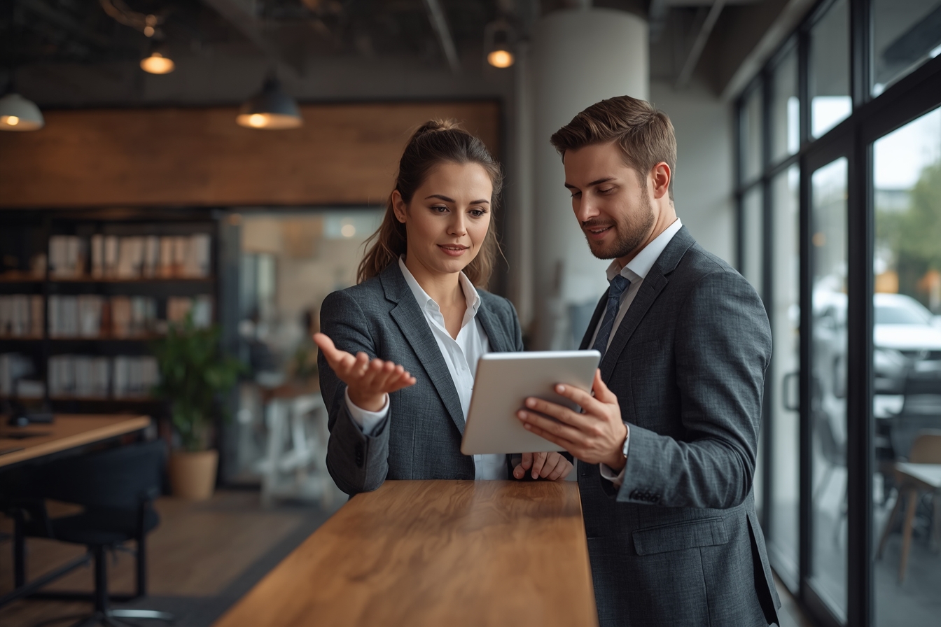 A woman in her 30s, a compliance officer, and a man in his 40s, a payments specialist, stand together at a high counter in a modern bank's back office, looking at a tablet held by the woman, its…