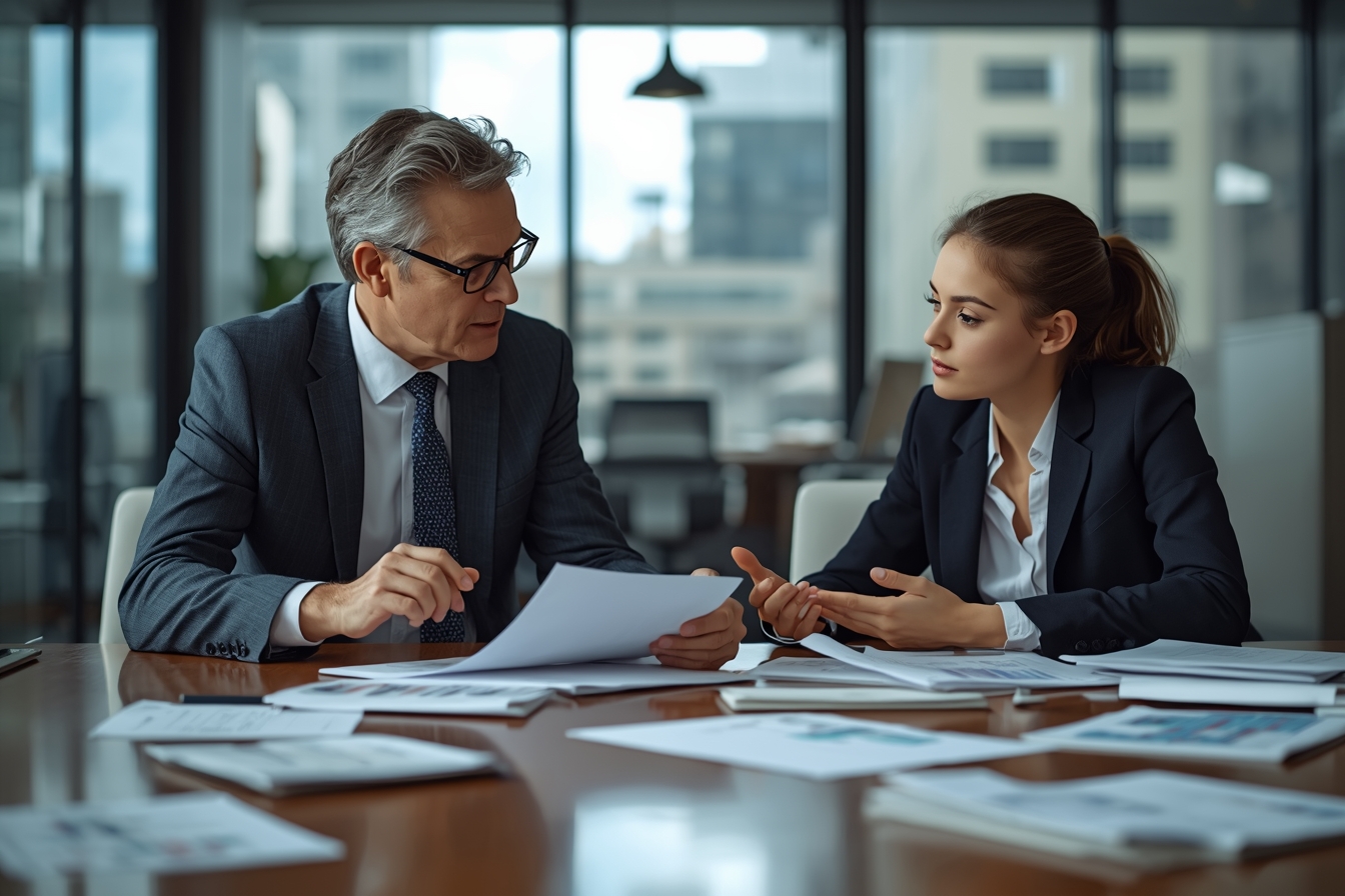 A senior executive in his 60s and a young AI specialist in her 20s sit together at a sleek, modern conference table in a brightly lit office, intently reviewing a stack of papers and notes scattered…