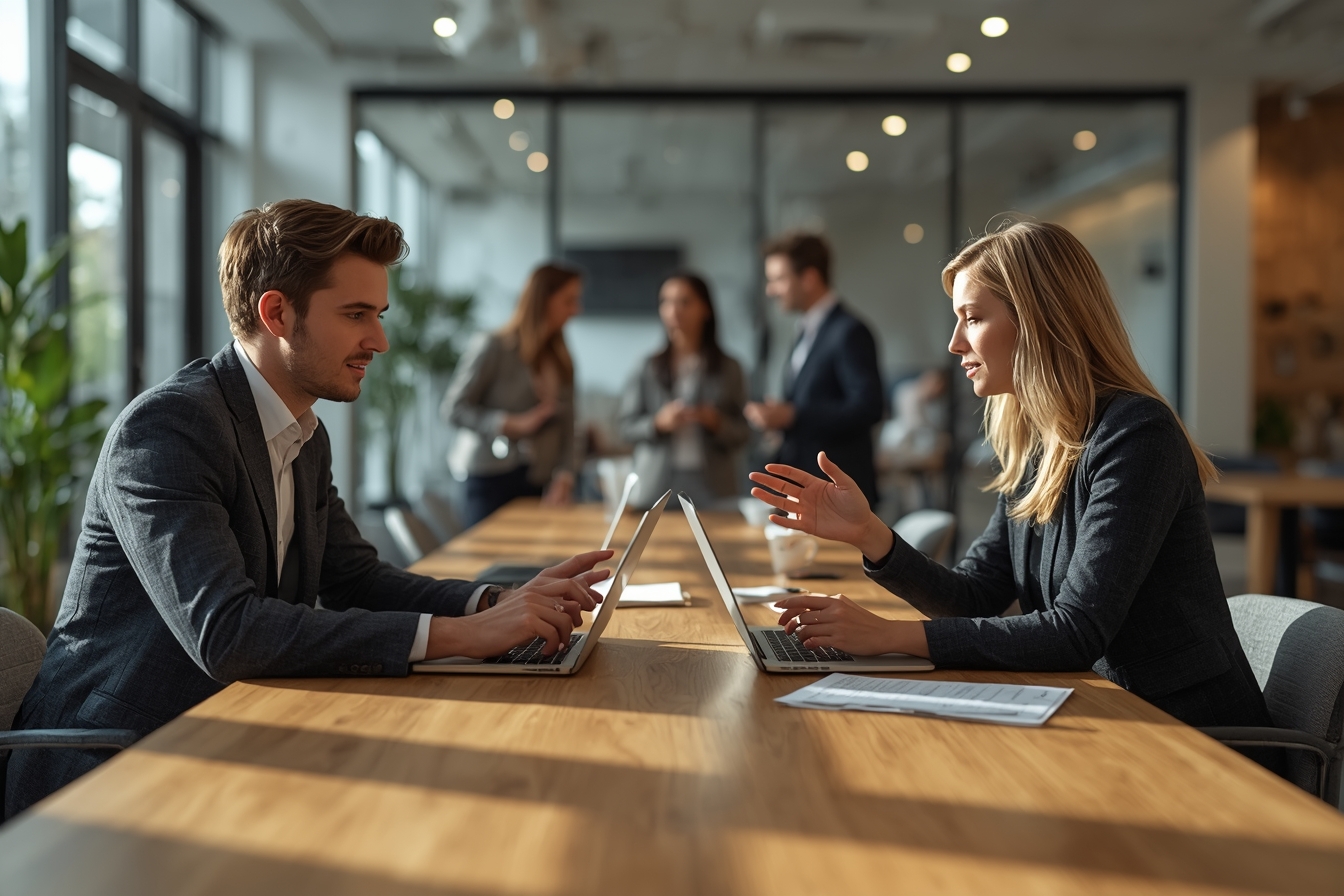 Two colleagues, a man in his 20s and a woman in her 50s, both with laptops open in front of them, sit at a long, wooden table in a sunny office break room, engaged in a discussion as they review…