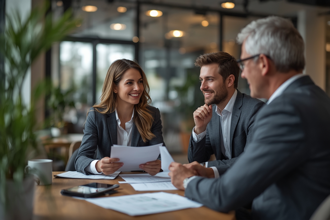 A young financial advisor, a woman in her late 20s, and a customer, a man in his 50s, sit together at a comfortable, rounded desk in a bright, modern bank branch, pouring over paperwork and looking…