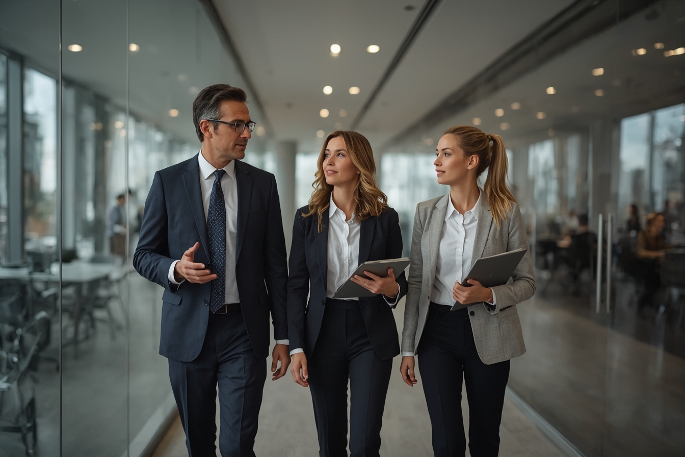 A man in his 50s, a commercial banking executive, and a woman in her 30s, a financial analyst, walk side by side through a bright, modern office lobby, engaged in conversation as they approach a…