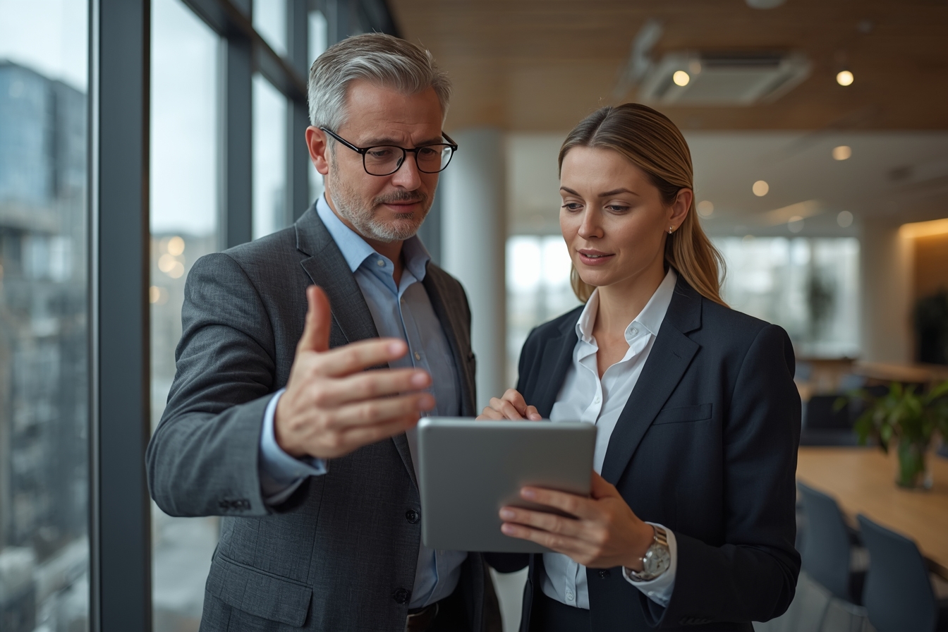 A pair of executives, a man in his 50s and a woman in her 30s, stand near a floor-to-ceiling window in a modern office, looking at a tablet held by the woman as they discuss something in a quiet…