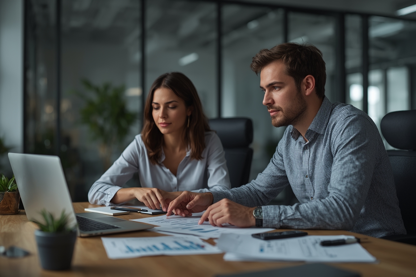 A man in his 30s, an IT specialist, and a woman in her 40s, a business analyst, sit at a desk in a modern office, surrounded by papers and laptops, as they work together to identify inefficiencies in…