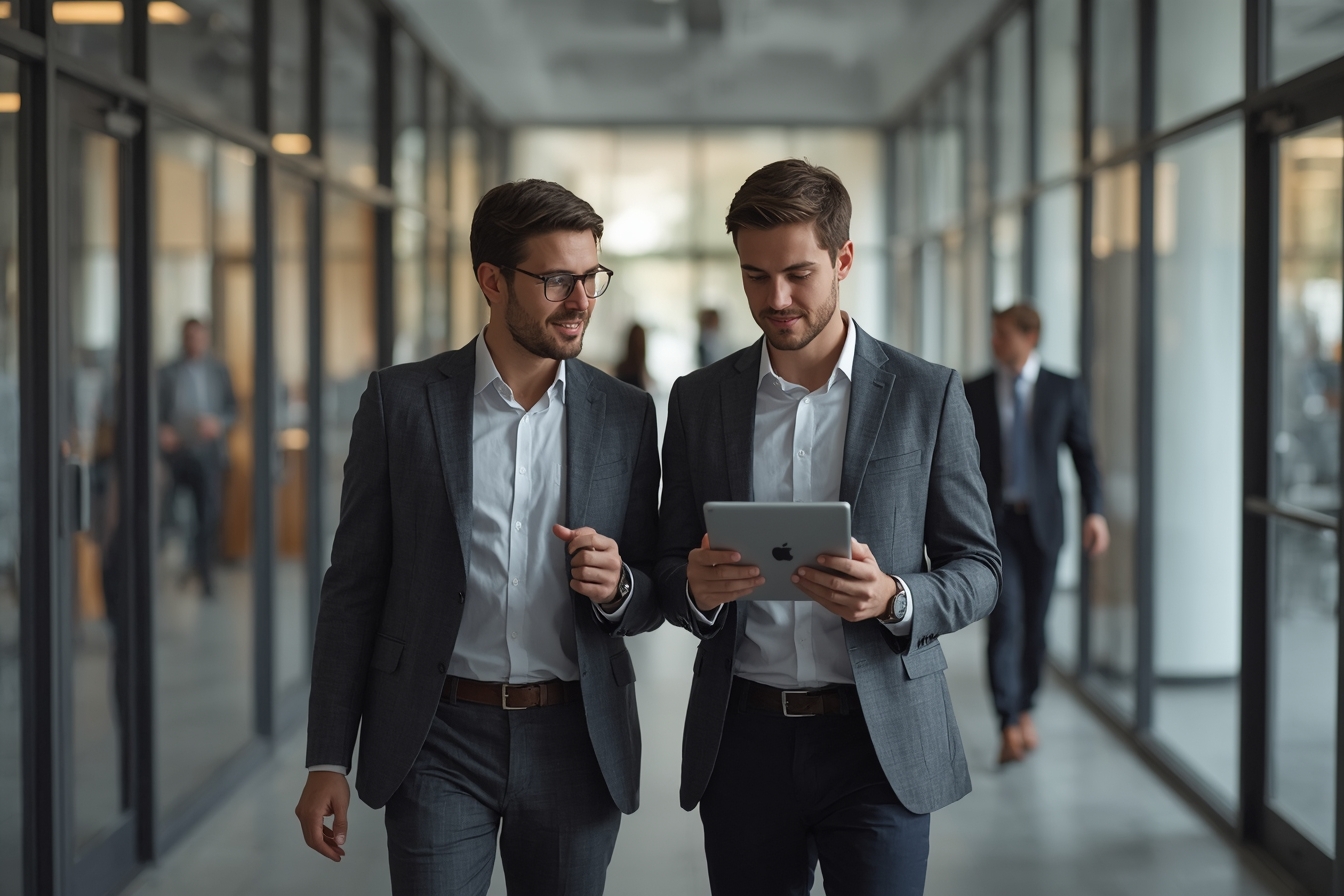 A young executive and a banker, both in their 30s, walk side by side through a modern, naturally lit office lobby, engaged in a conversation as they glance at a tablet held by the executive, its…