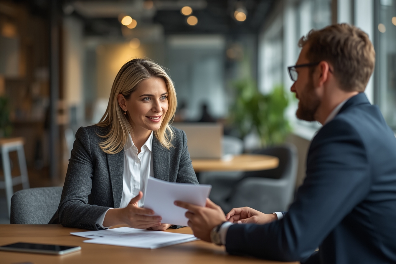 Two bankers, a woman in her 40s and a man in his 30s, sit across from each other at a small, modern desk in a naturally lit office, engaged in a one-on-one consultation as they review papers and…
